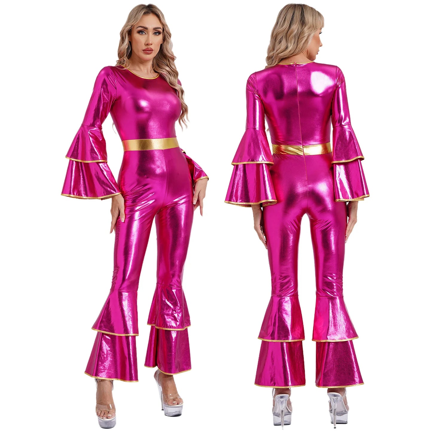 Women's 70s Disco Jumpsuit | Metallic Shiny Bell Bottom Jumpsuit | Halloween Costume, Rave Outfit