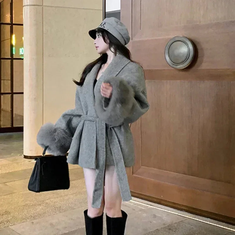 Elegant Ffice Women's Coat Fur Patchwork Long-sleeved Wool Coat Beautiful Women's Clothing Jacket Autumn And Winter 5