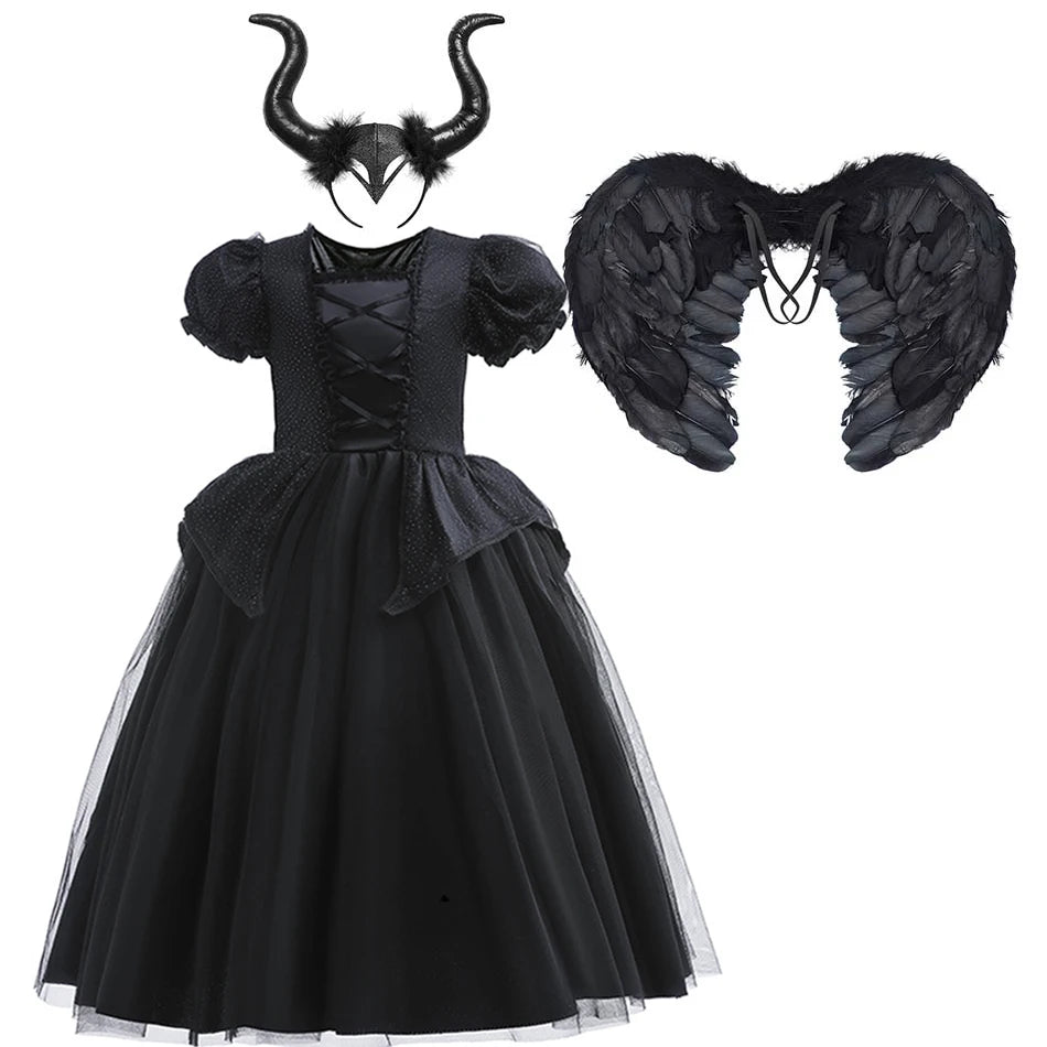 Girls' Dark Forest Queen Cosplay Dress with Wings