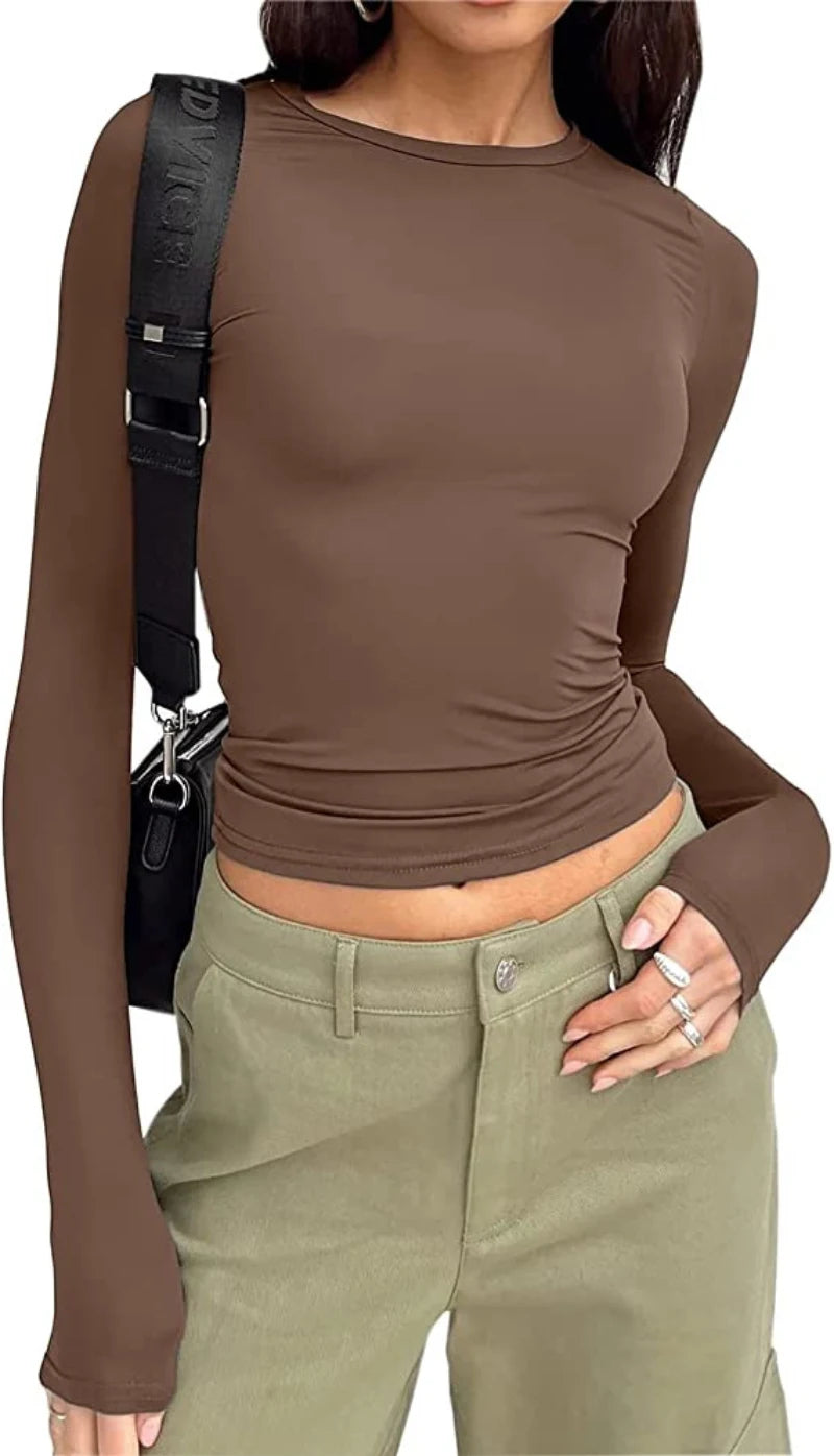 Women's Long Sleeved T-Shirt Spring And Autumn Solid Color Slim Fit Pullover Women's Basic T-Shirt Y2k Clothes Street Wear 4