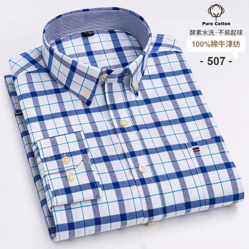 100-Cotton-Oxford-Men-s-Shirts-Long-Sleeves-Plaid-Soft-Regular-Fit-Formal-Dress-Shirt-Pocket