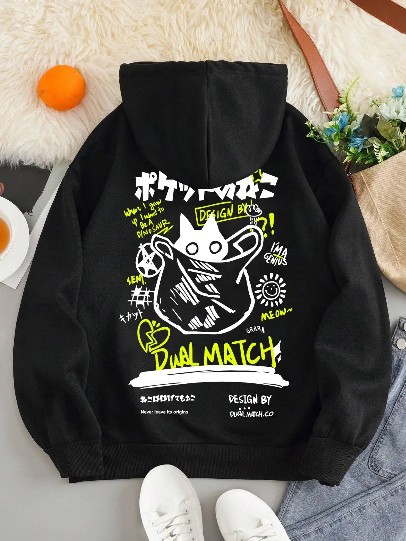 Cute Cat Cartoon Printed Sweatshirt Women Harajuku Casual Loose Hooded Fashion Soft Pocket Hoodies Autumn Warm Female Clothes 5