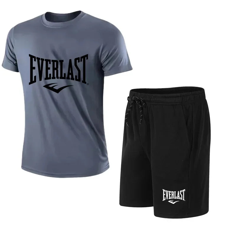 EVERLAST Men's T-shirt + Shorts 2pcs Set Leisure Breath Short Sleeve Sport Jogging Gym Brand Print Clothing 6