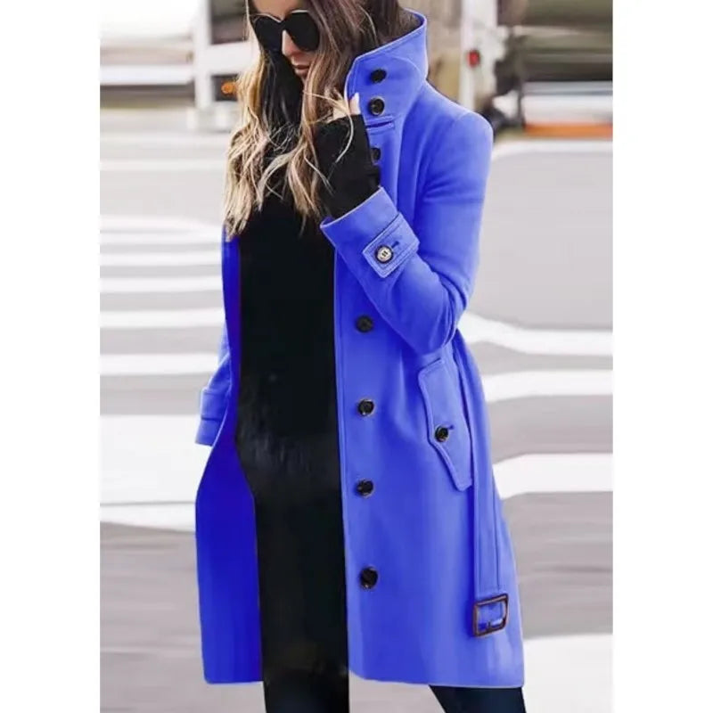 Fashion Commuting Winter Jacket Mid-length Overcoat 2025 Solid color Belt Single-breasted Stand collar for Ladies Office Outfit 5