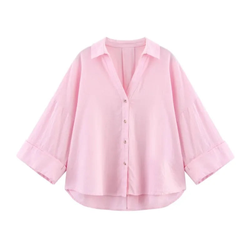 HipSeam Wide Sleeved Shirt Women Spring Asymmetric Hem Button Women's Shirts Simple Lady Johnny Collar Linen Shirts & Blouses 2