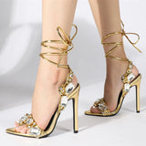 Glamorous Gold Ankle Strap Sandals for Women | Crystal Embellished Party Heels 3