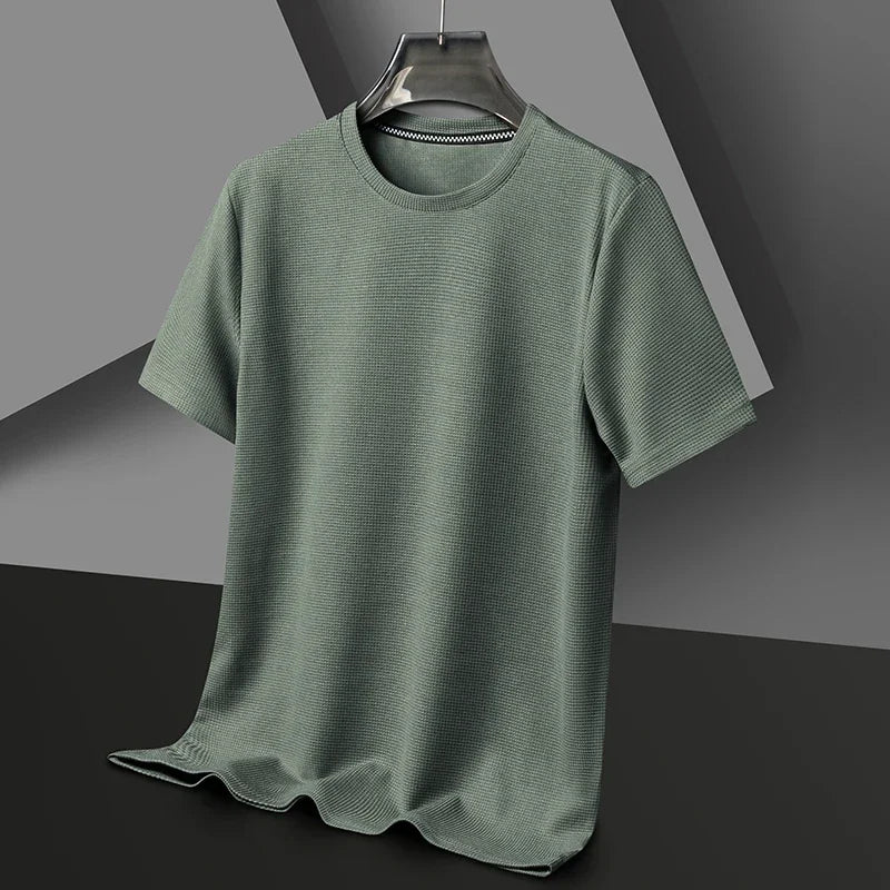 Men's New Summer Waffle round Neck Short Sleeve T-Shirt Comfortable Breathable Short-Sleeved Top for Casual Wear 2