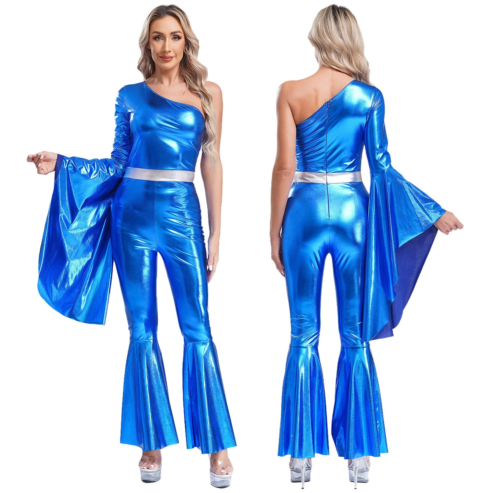 Women's 70s Disco Jumpsuit | Metallic Shiny Bell Bottom Jumpsuit | Halloween Costume, Rave Outfit