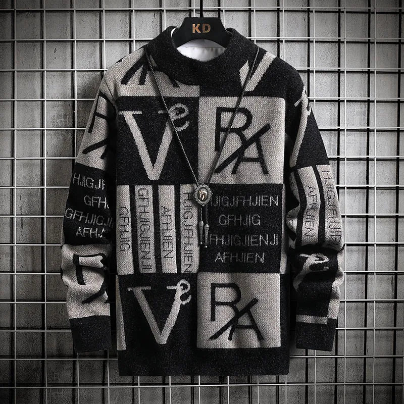 Men Knitted Sweater Stripe Pullovers Printing Round Neck Sweater 2