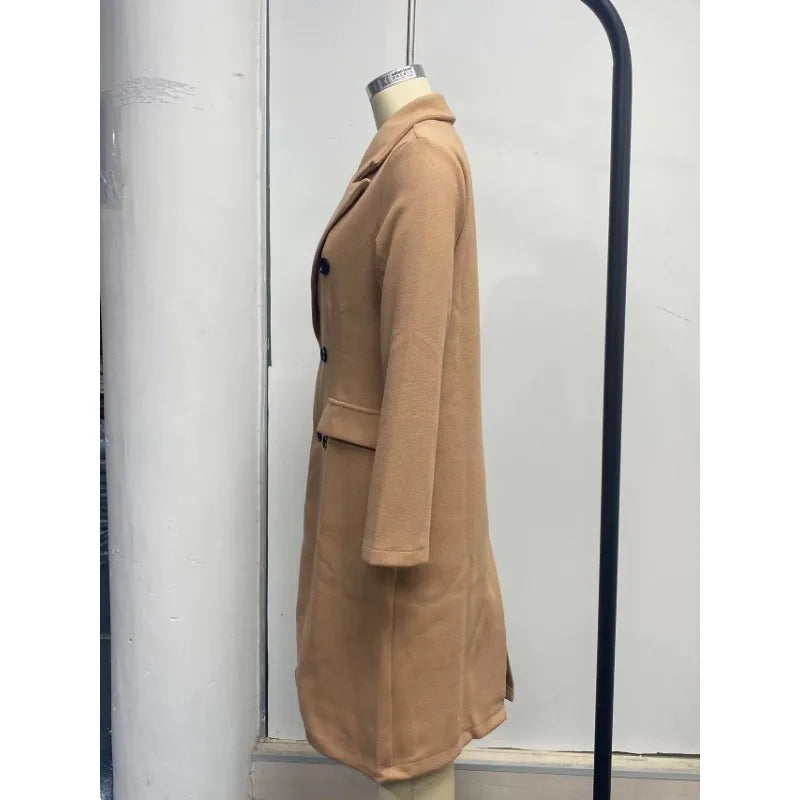 autumn and winter new foreign trade women's clothing long-sleeved lapel solid color double-breasted slim-fit coat 3