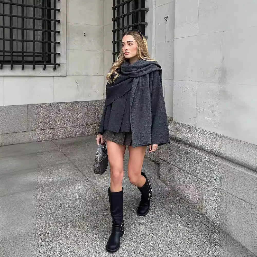 Women Fashion Scarf Decorated Woolen Jacket Casual Solid Long Sleeve Loose Warm Overcoat 2025 Autumn Winter New Lady Chic Coat 3