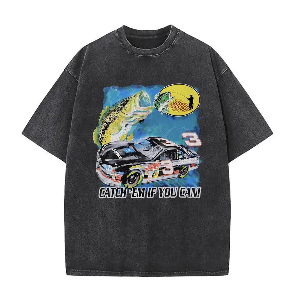 Washed Vintage Catch Em If You Can Car Print T Shirts Men Casual Fishing Lovers Funny Meme T-shirts Male Cotton Oversized Tshirt