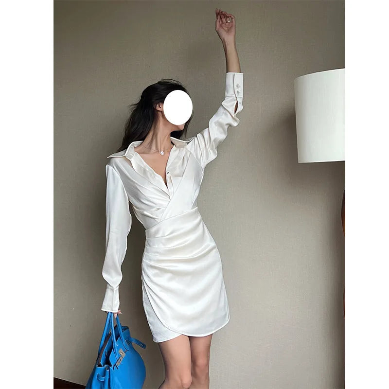 Elegant Satin Mini Dress Bubbling Champagne Black Satin Long-sleeved V-neck Shirt Collar Waist Fold Temperament Buttock Dress 3