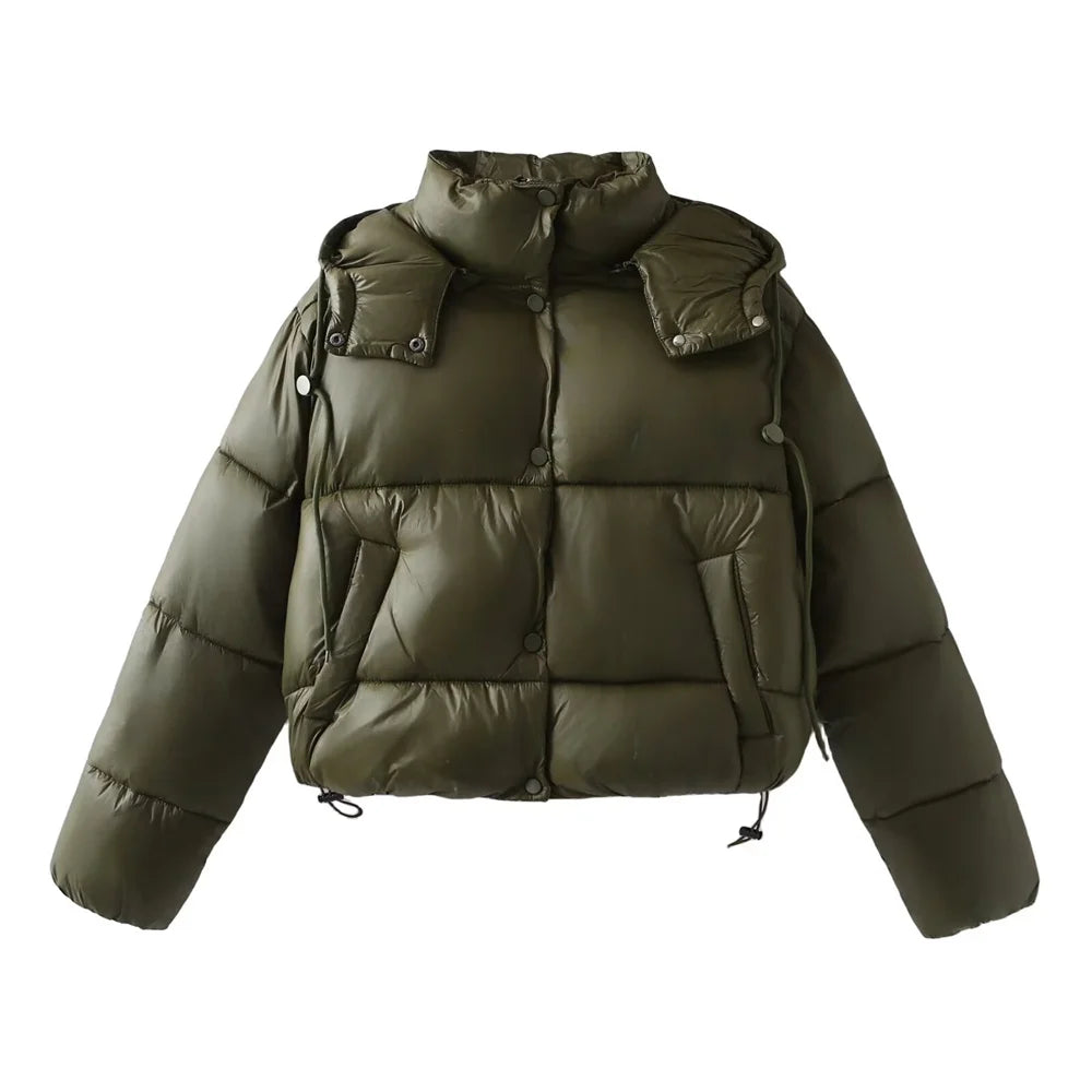 Autumn/Winter New Product Women's Standing Neck Hooded Long Sleeve Side Pocket Short Cotton Coat Jacket 3