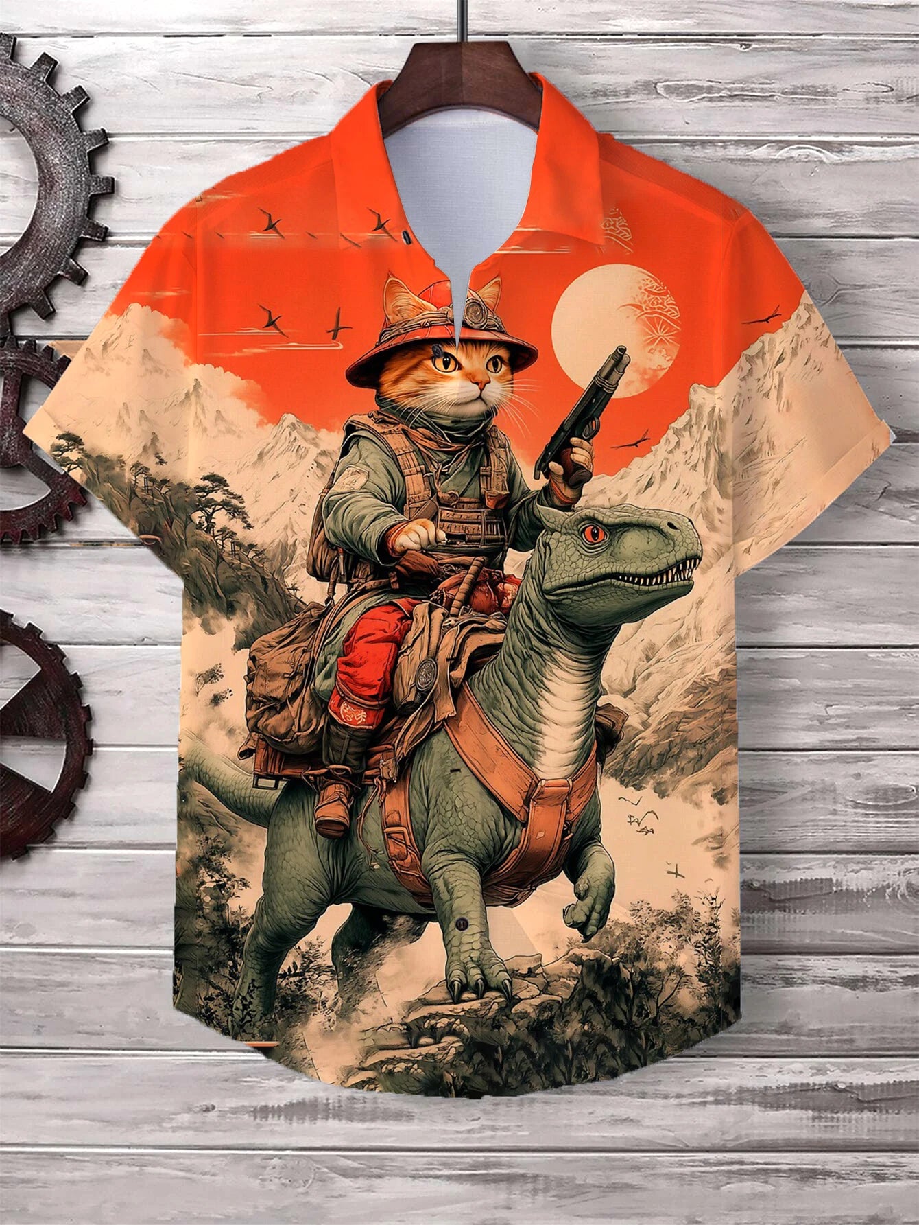 Men's Playful Cat Graphic Button-Down