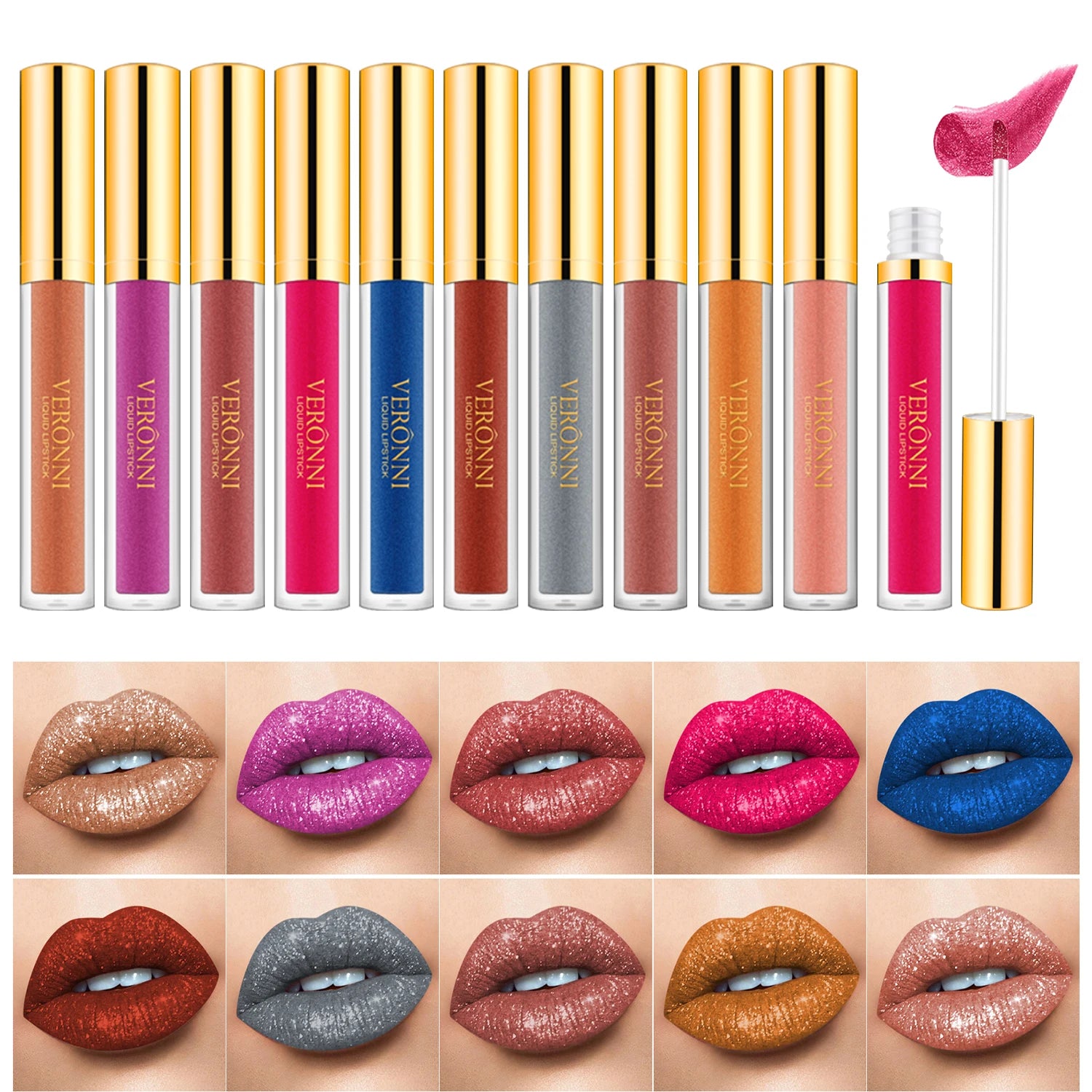 10 Color Glitter Liquid Lipsticks Shimmer Shiny Lipgloss Pearlescent Lip Tint Waterproof Long Lasting Matte Diamond Lips Glaze 2
