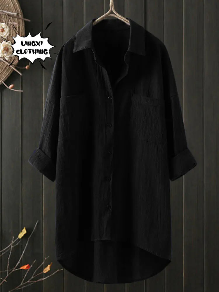Elegant and Youth Woman Blouses Casual Home Cotton Linen Large Size Single Breasted Commuting Style Long Sleeved Shirt 5