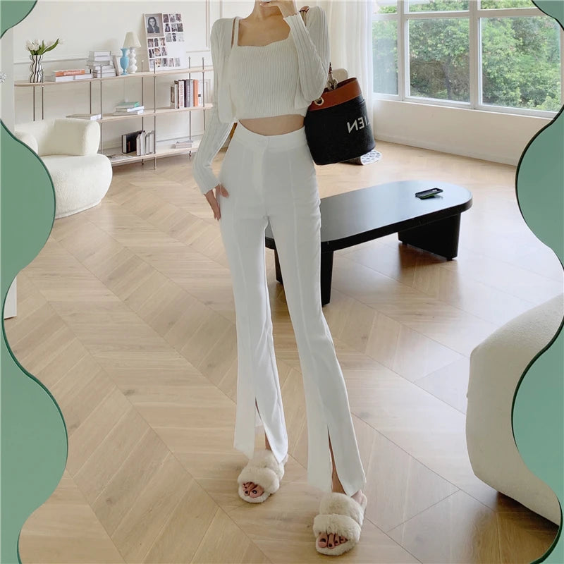 QOERLIN Micro-Flared Pants Women's High Waist Slim Casual Chic Wide Leg Split Trousers Elegant Black White Suits Pants 3