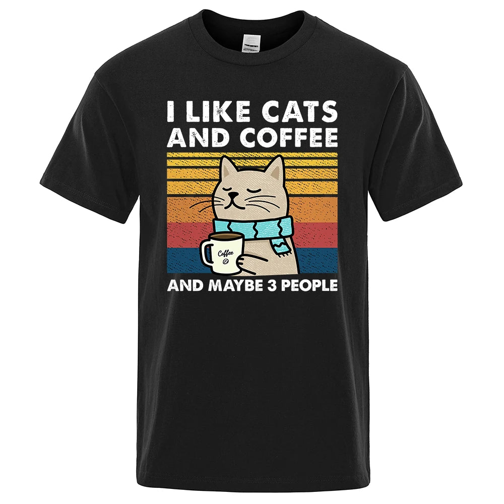 "I Like Cats and Coffee" Funny T-Shirt for Men | Casual Loose Fit Cotton Crewneck | Hip Hop Style