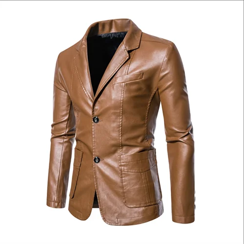 New Men Business Casual Leather Jacket Black / khaki Fashion Male Suit Collar Coats Large Size 5XL Slim Fit Top