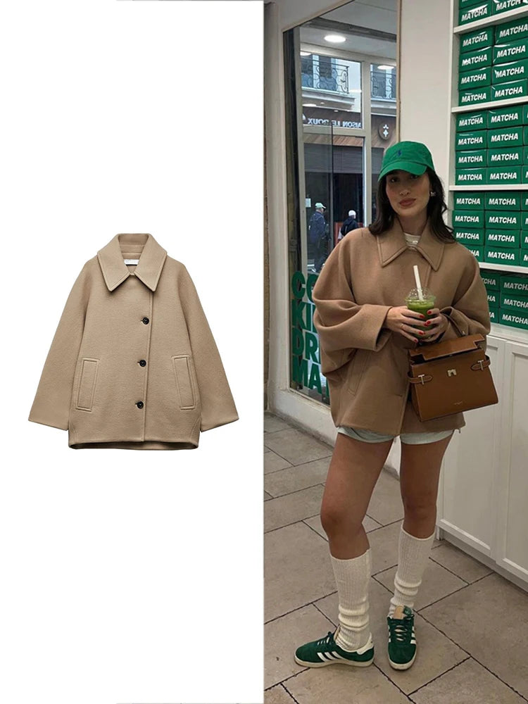Women's Casual Vintage Khaki Coat Bat Sleeve Lapel Warm Tweed Coat Autumn and Winter Fashion Loose Single Breasted Coat