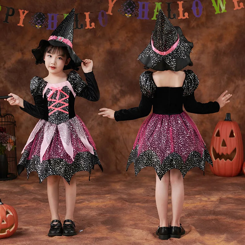 4 Pieces Witch Clothing Set Dress+Hat+Wand+Bag Girls Halloween Wizard Costume 2024 Kid Make up Party Hag Witch Apparel Vestidos 3