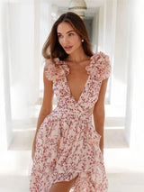 Women V Neck Ruffle Sleeves Printed Long Dresses 2025 Summer Fashion Elegant Beach Vacation Backless Lace-up Sleeveless Dress 2