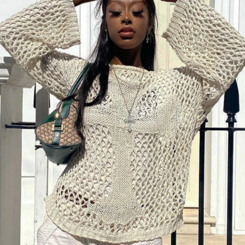 Round neck cross hollow long-sleeved blouse loose summer see-through retro sexy top beach knitwear