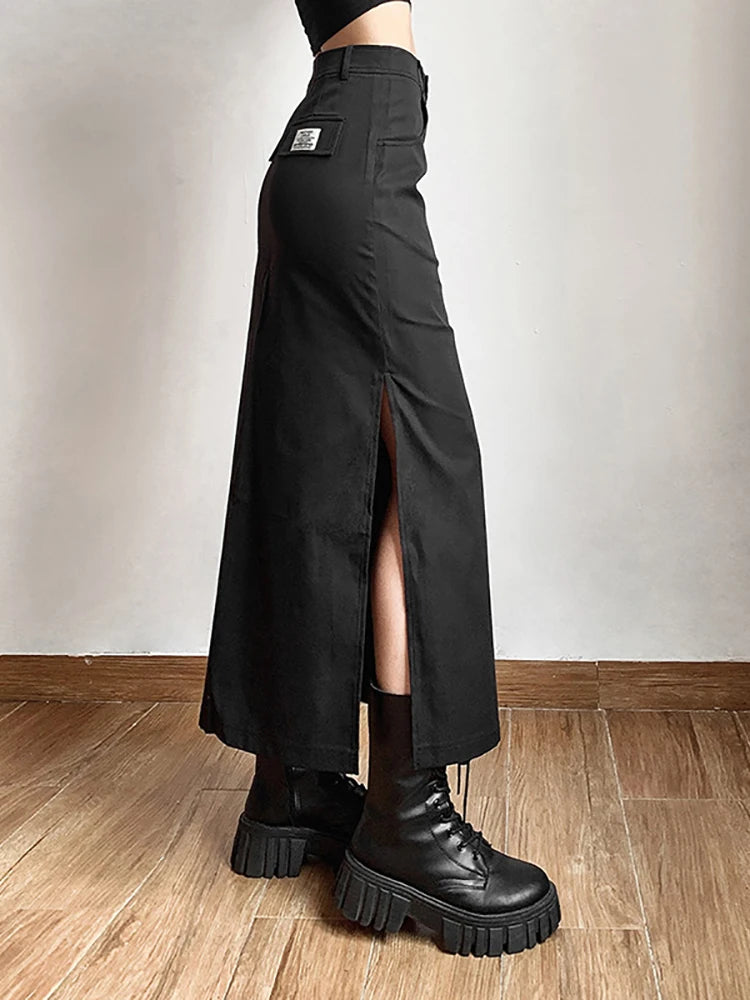 Goth Dark Grunge Casual Tag Split Women Midi Skirts Mall Gothic Punk High Raise Slim Long Skirt Y2k Sexy Fashion Streetwear 2023 3
