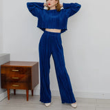 Home Suit Women Long Sleeve T Shirts Two Piece Sets Bodycon Blue Pleated Pants Set Streetwear Elegant Wide Trouser Suits 2023 2