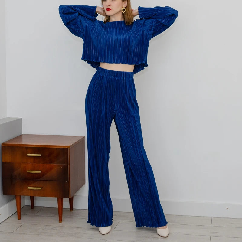 Home Suit Women Long Sleeve T Shirts Two Piece Sets Bodycon Blue Pleated Pants Set Streetwear Elegant Wide Trouser Suits 2023 2
