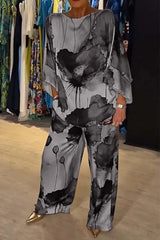 2 Piece Women's Printed Satin Pant Set - Round Neck 3/4 Sleeve Summer Outfit