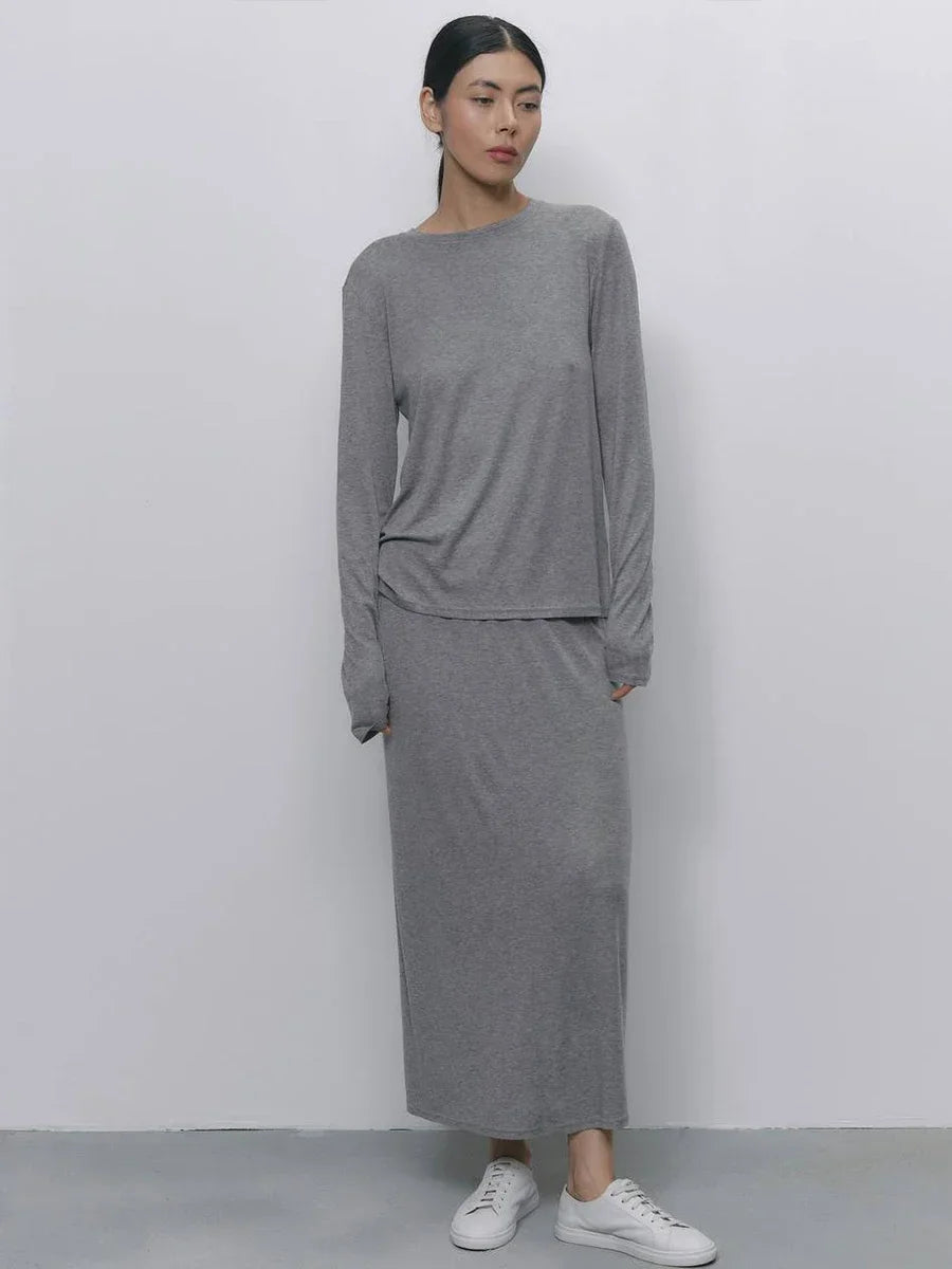 Hirsionsan Modal Soft Loose Sets Women 2025 Casual Two Pieces Long Sleeve T Shirts and High Waist Dresses Outfits Tracksuit