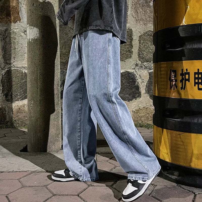 Men's Korean Style Wide Leg Jeans: Loose Fit Straight Denim, Black, Grey, Blue - Student Casual 6
