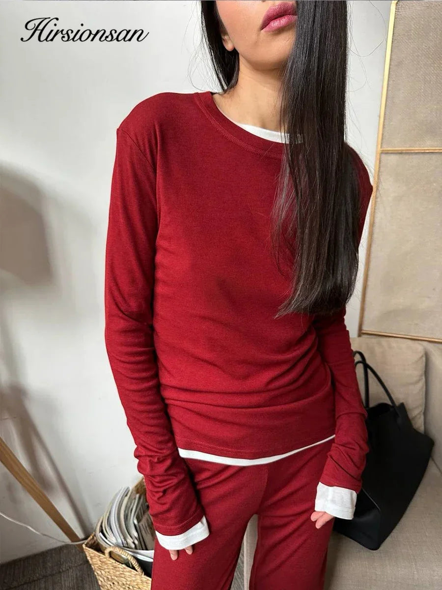 Hirsionsan Modal Soft Loose Sets Women 2025 Casual Two Pieces Long Sleeve T Shirts and High Waist Dresses Outfits Tracksuit 4