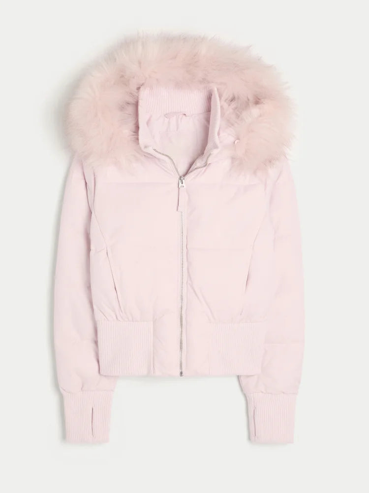 Full Winter Faux Fur Collar Hooded Jacket For Women Slim Waist Solid Crop Warm Padded Coat 2025 High Street New Lady Outwears 4