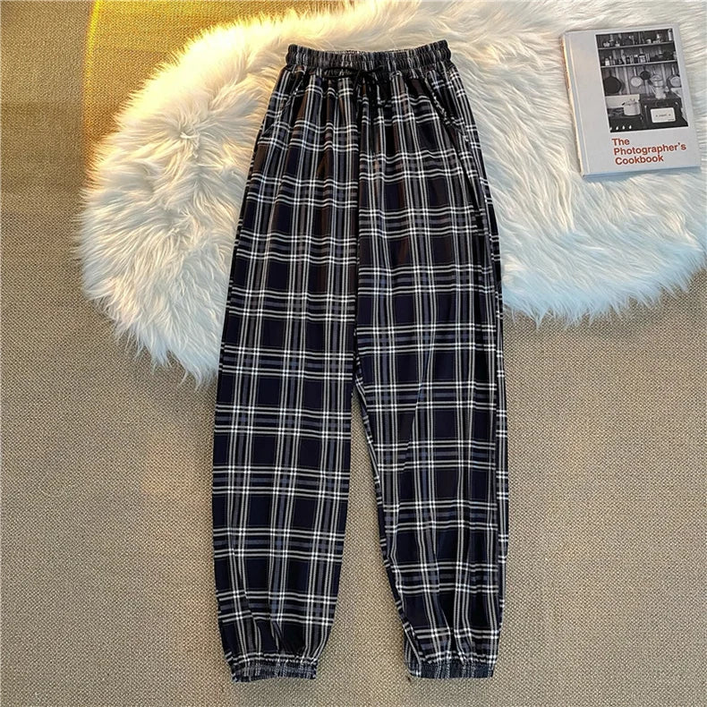 Pants Women New Bunch of feet Fashion Loose Black Plaid Summer Harajuku Students Streetwear Harem Long Trousers Womens Chic 7