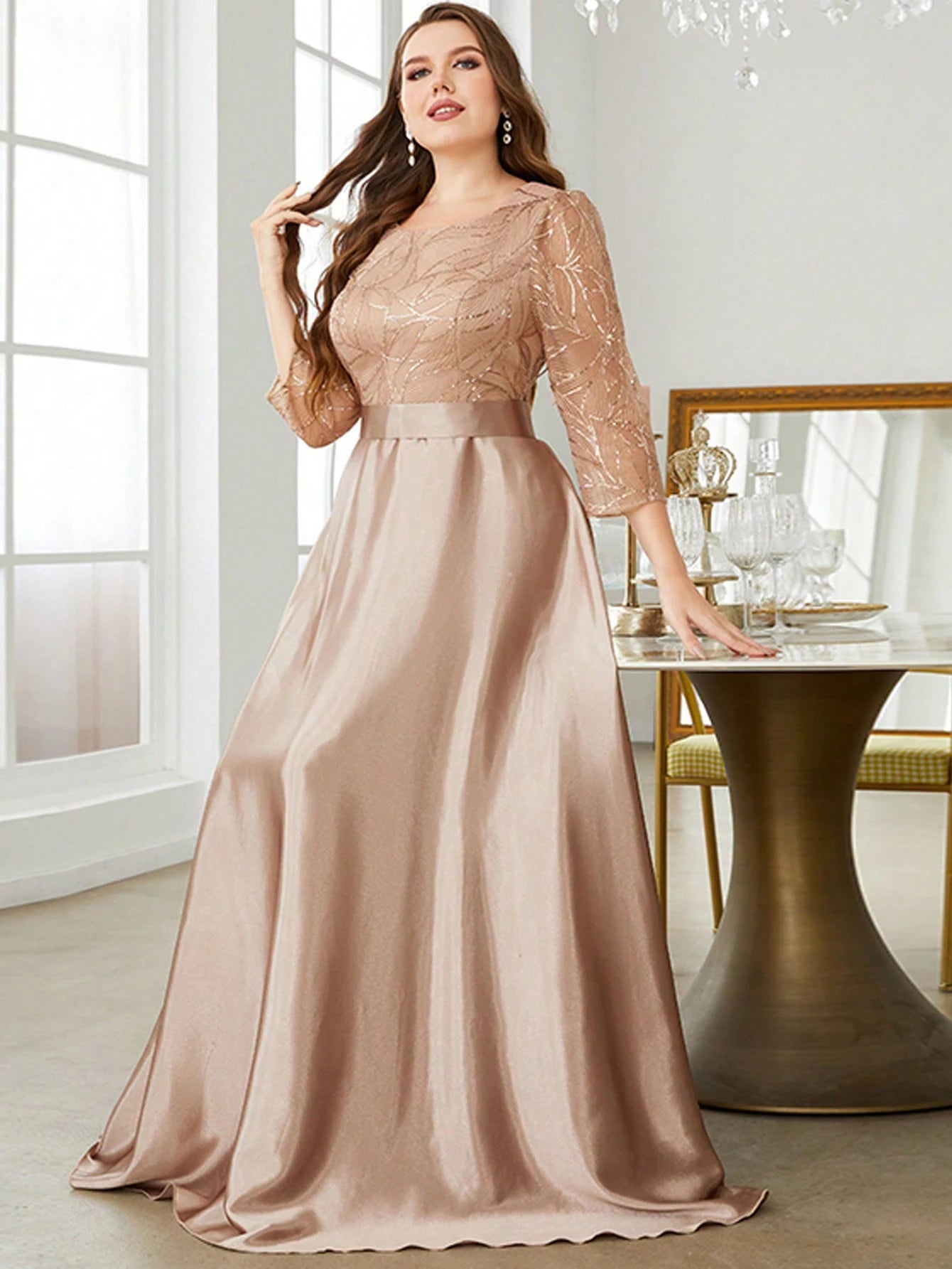Mgiacy Crew neck long sleeve sequin patchwork satin long gown ball dress Party dress Bridesmaid dress 4