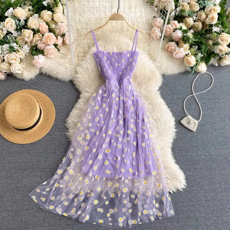 YuooMuoo-Women-Dress-2025-New-Korean-Fashion-Floral-Print-Spaghetti-Straps-Mesh-Party-Dress-Vacation-Style