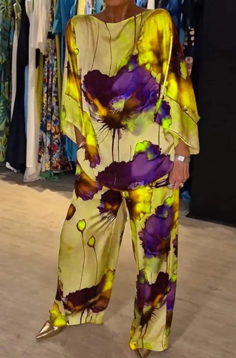 2 Piece Women's Printed Satin Pant Set - Round Neck 3/4 Sleeve Summer Outfit 5