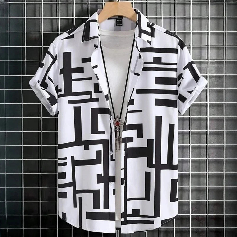 3D Printed Men's Lapel Shirt - Geometric Design, Short Sleeve Hawaiian Style 5