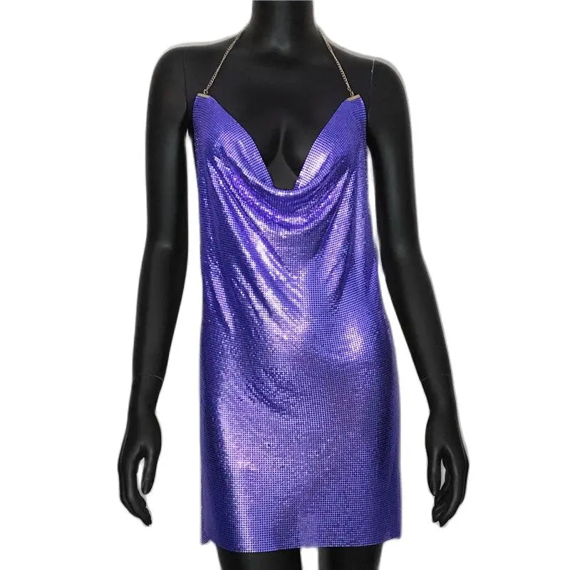 2024 Sexy Clubwear Backless Sequin Short Dress For Women Cocktail Metalic Split Mesh Harness Body Chain Club Low Cut Mini Dress 10