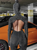 Hawthaw Women Autumn Winter Long Sleeve Backless Bodycon Soild Color Black Jumpsuit Romper Playsuit 2020 Fall Clothes Streetwear 4