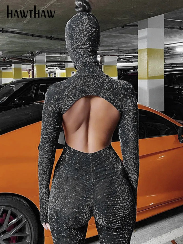 Hawthaw Women Autumn Winter Long Sleeve Backless Bodycon Soild Color Black Jumpsuit Romper Playsuit 2020 Fall Clothes Streetwear 4