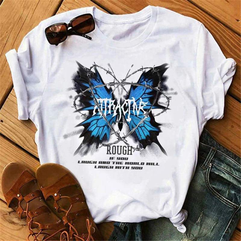 Women's Butterfly Tree Print Harajuku T-Shirt Round Neck Top Short Sleeve Casual Summer Tee Shirt 4