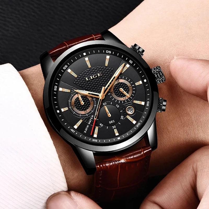 LIGE Mens Watches Luxury Waterproof Military Sport Man Watch Chronograph Genuine Leather Men Quartz Wristwatch Relogio Masculino 5