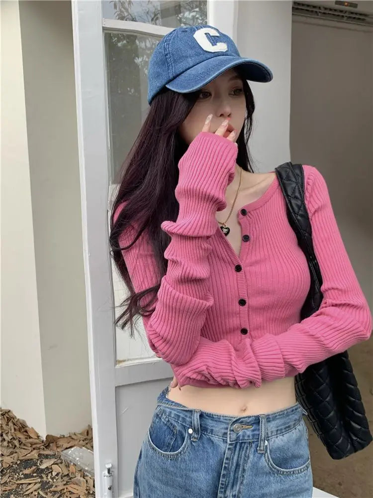 Pink Slim Cardigan Women Cropped Sweaters Autumn Long Sleeve Knitwear Harajuku Stylish for Ladies Y2k Clothes Sexy Cute Retro 3