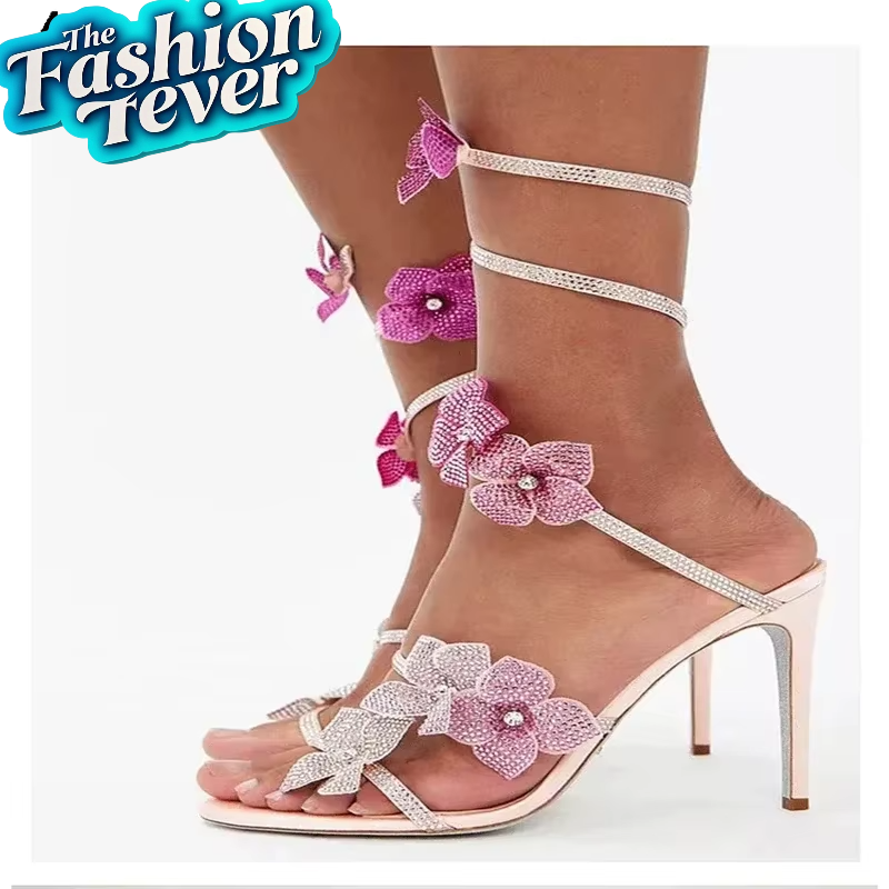 Crystal Flower Ankle Strap Heels for Women | Thin High Heel Sandals | Street Style 2