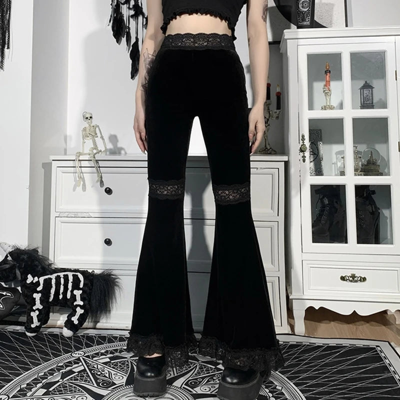 Women Gothic Punk Black Velvet Flare Pants Harajuku Sexy Hollow Out Lace Patchwork High Waist Skinny Vintage Gypsy Bell Bottom 1