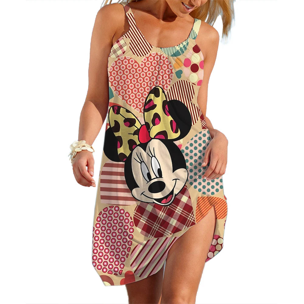 Disney-Mickey Minnie Dresses for Women Soft Women's Beach Dresses Summer Fashion Sling Print Sexy Skinny Seaside Casual Oversize
